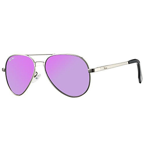 Pro Acme Small Polarized Aviator Sunglasses for Kids and Youth Age 5-18 -Silver Frame/Purple Mirrored Lens-