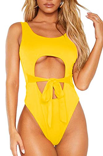FAFOFA Womens Monokini Swimwear High Waist Cutout Strappy Tie Front Thong One Piece Swimsuit L Yellow