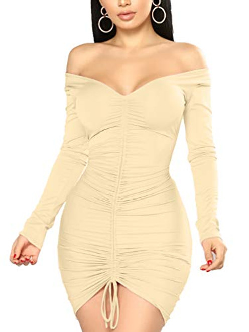 XXTAXN Womens Sexy Elegant Long Sleeve Off The Shoulder Ruched Mini Dress Khaki