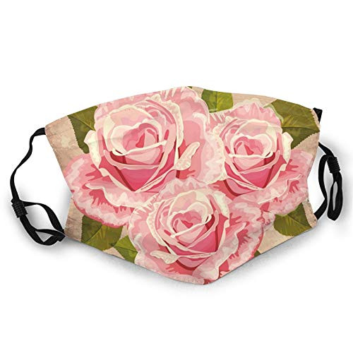 Comfortable Windproof mask?Pink Bouquet Of Valentines Roses Retro Love Romance Theme Grunge Display?Printed Facial decorations for adult