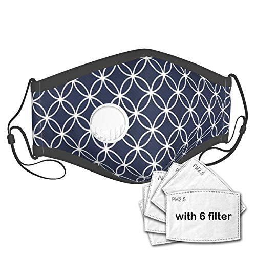 KGSPK Navy Trellis Inspired Circles Print Unisex Washable Mouth Sleeve with Filter Anti-Dust Reusable Mouth Guard-Include 6 Filters