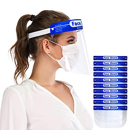 Safety Face Shields 10 Pack Protective Face Shield Mask with Clear Wide Visor Lightweight Transparent Dustproof Windproof Full Face Shield Elastic Band for Women Men with 2 Protective Films