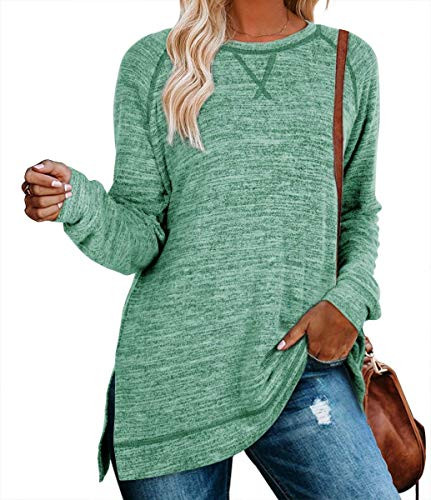 LERUCCI Womens Sweatshirt Casual Long Sleeve Loose Fall Pullover Side Split Tunic Tops Green Small