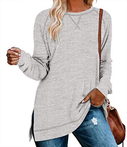 LERUCCI Womens Casual Loose Fall Sweatshirt Long Sleeve Pullover Side Split Round Neck Tunic Tops Light Grey XL