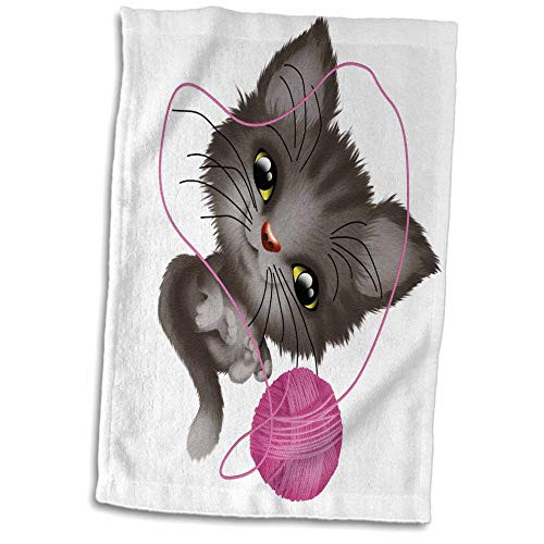 3dRose Cute Brown Kitten Playing A Pink Ball Of Yarn Illustration - Towels -twl_339985_1-