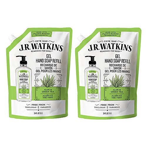 JR Watkins Liquid Hand Soap Refill Pouch Aloe and Green Tea 2 Pack Scented Liquid Hand Wash for Bathroom or  Kitchen USA Made and Cruelty Free 34 fl oz