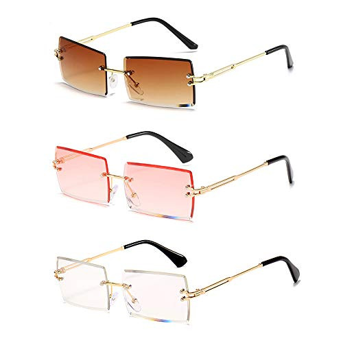 Heptagram Rimless Rectangle Sunglasses for Women Square Fashion Frameless Small Vintage Buffs Glasses for Men shades -Brown and Pink and Transparent-