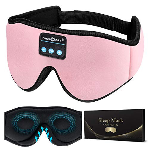 MUSICOZY Sleep Headphones 3D Bluetooth 5.0 Wireless Sleep Mask Sleeping Headphones Music Eye Mask for Side Sleepers. Air Travel Meditation Built-in Ultra Soft Thin Speakers Microphones Pink