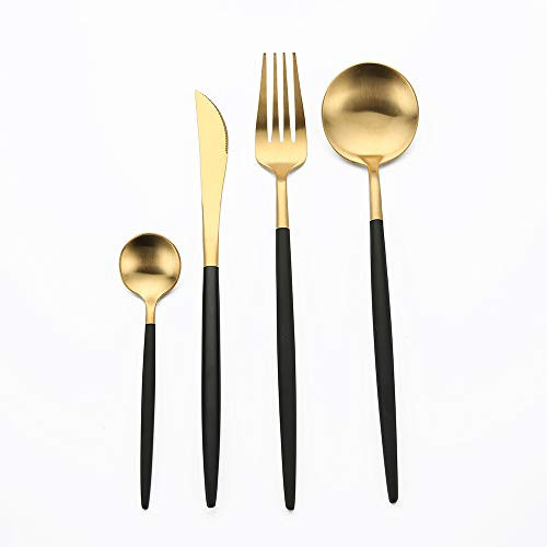 Fullgaden Royal 4-Piece 18/10 Stainless Steel Flatware Cutlery Sets Including Fork Spoons Knife Tableware for HomeHotelRestaurant Black Gold
