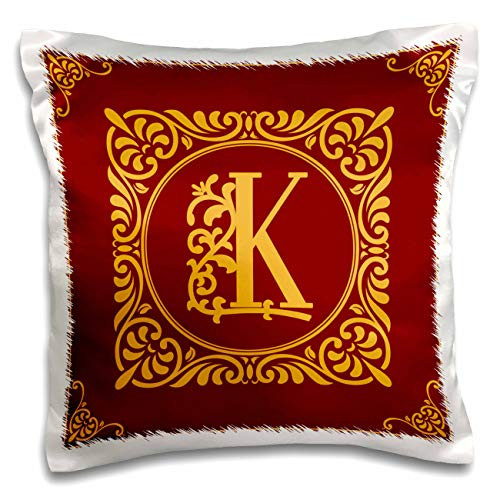 3dRose Alexis Design - Monogram Red Ornament - Beautiful ornamental burgundy yellow monogram. Chic initial K - 16x16 inch Pillow Case -pc_299983_1-