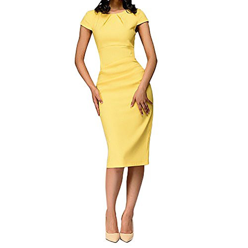 Women Ladies Summer O-Neck Sheath Short Sleeve Casual Solid Knee-Length Dress Yellow Women Ladies Summer O-Neck Sheath Short Sleeve Casual Solid Knee-Length Dress Yellow