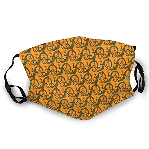 Lizard Pattern With Ethnic Motifs Triangles And Circles On Warm Backdrop Reusable Face Mask Balaclava Washable Outdoor Nose Mouth Cover for Men and Women