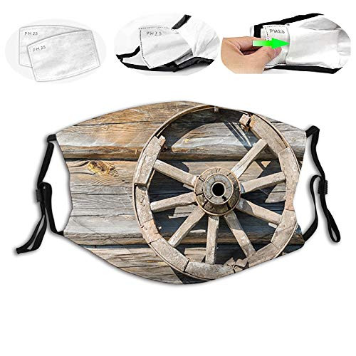 Comfortable Printed maskOld Log Wall with Cartwheel Telega Rural Countryside Themed ImageWindproof Facial decorations for adult