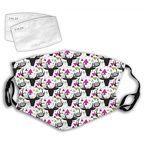 Geometric Colorful Triangles Background with Dark Animal Head Silhouettes with Antlers Reusable Face Mask Balaclava Washable Outdoor Nose Mouth Cover for Men and Women.S Geometric Colorful Triangles Background with Dark Animal Head Silhouettes with Antlers Reusable Face Mask Balaclava Washable Outdoor Nose Mouth Cover for Men and Women.S