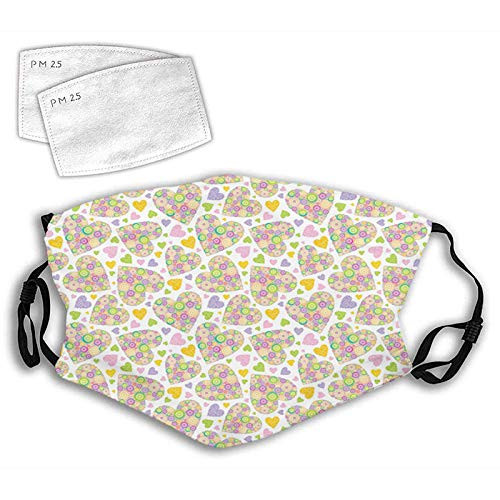 Fillter Cloth Face Mask Bandana With 2pcs FiltersHeart Shapes Filled with Bulls Eye Patterned Colorful Circles Love and Adoration Balaclava Adjustable Earloop Washable Reusable.M