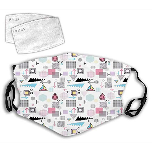 Geometric Composition in Memphis Style Cubes Hexagons Triangles and Arrows Modern Reusable Face Mask Balaclava Washable Outdoor Nose Mouth Cover for Men and Women.S Geometric Composition in Memphis Style Cubes Hexagons Triangles and Arrows Modern Reusable Face Mask Balaclava Washable Outdoor Nose Mouth Cover for Men and Women.S