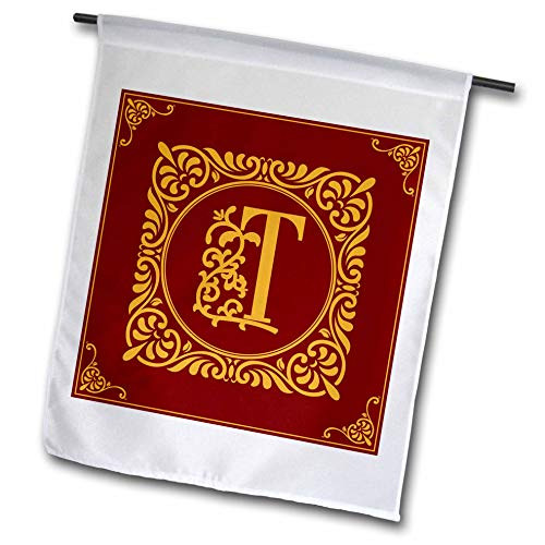 3dRose Alexis Design - Monogram Red Ornament - Beautiful Ornamental Burgundy Yellow Monogram. High Initial T - 12 x 18 inch Garden Flag -fl_299992_1-