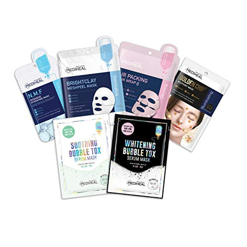 MEDIHEAL Premium Sheet Mask Set - NMF Whitening Bubble Tox Soothing Bubble Tox Air Packing Pink Bright Clay Meshpeel Golden Chip Mask 6 Variety Pack