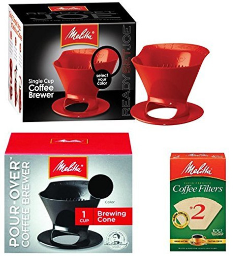 Melitta Ready Set Joe Single Cup Pour Over Coffee Brewer Maker 1 Black and 1 Red Plus 2 Natural Brown Cone Coffee Filters 100-Count Melitta Ready Set Joe Single Cup Pour Over Coffee Brewer Maker 1 Black and 1 Red Plus 2 Natural Brown Cone Coffee Filters 100-Count
