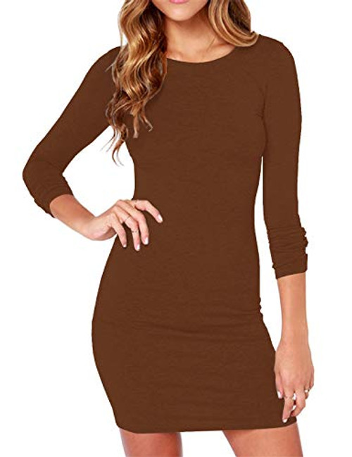 Haola Womens Sexy Casual Long Sleeve Short Dress Mini Dress Stripe Dresses Coffee M