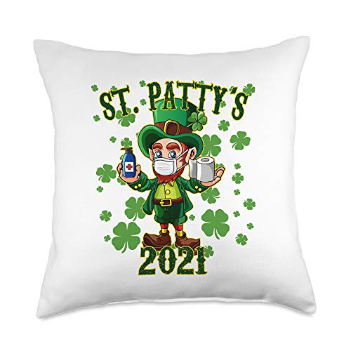 St Paricks Day 2021 Costume Funny Leprechaun Wearing Mask - Green St Pattys 2021 Throw Pillow 18x18 Multicolor