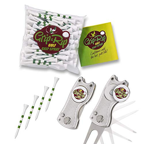 Grip  and  Rip 100 Count Long 3 1/4 Inch Golf Tees - Each Golf Tee Individually Lined for Perfect Tee Depth - Golf Divot Repair Tool and Ball Marker - Switchblade Style - Magnetic Ball Marker -Silver-