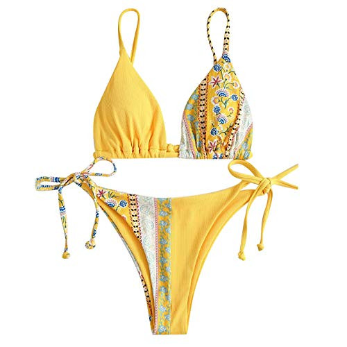 Moonite Womens Textured String Triangle Bikini Set Two Piece Swimsuit Tie Side Thong Bikini Swimsuit Halter Brazilian Bikini Triangle Top Tie Thong Swim Bottom Yellow Bikini