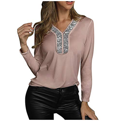 Meikosks Ladies Sequins Patchwork V Neck Tops Long Sleeves T-Shirt Solid Tunic Plus Size Pullover Khaki