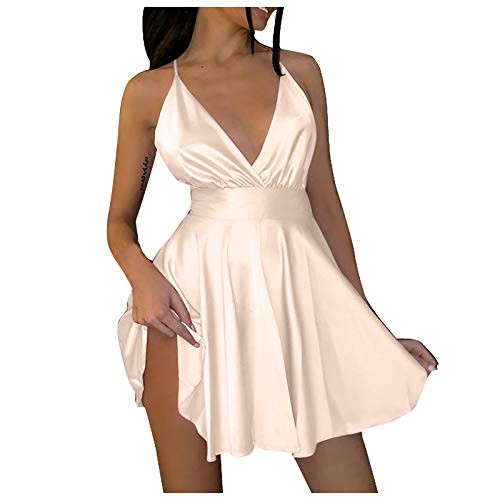 Dress for Women Solid Color Sexy V Neck Halter Slim Waist A-line Ruffled Casual Camisole Mini Dresses Beige Dress for Women Solid Color Sexy V Neck Halter Slim Waist A-line Ruffled Casual Camisole Mini Dresses Beige