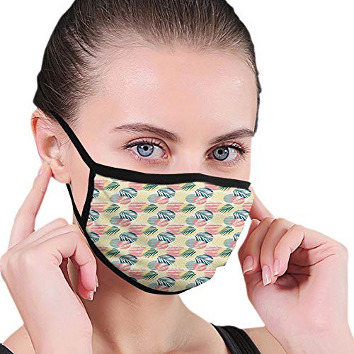 Windproof Activated carbon filter mask Facial decorations for adults Palm Tree-?Exotic Leaves with Grunge Display and Big Spots Brazil MadagascarBlue Coral Pale Yellow
