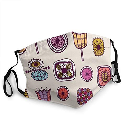 niBBuns 2021 New Year Abstract Shapes with Retro Inspired Colors Flowers Squares Circles Hand Drawn ArtMouth Cover for WomenFace Mask Reusable Washable Cloth for Men