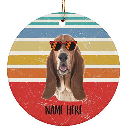 Lovesout Funny Basset Hound Tri Color Glasses Sunset Retro Personalized Name Christmas Tree Ceramic Circle Ornament