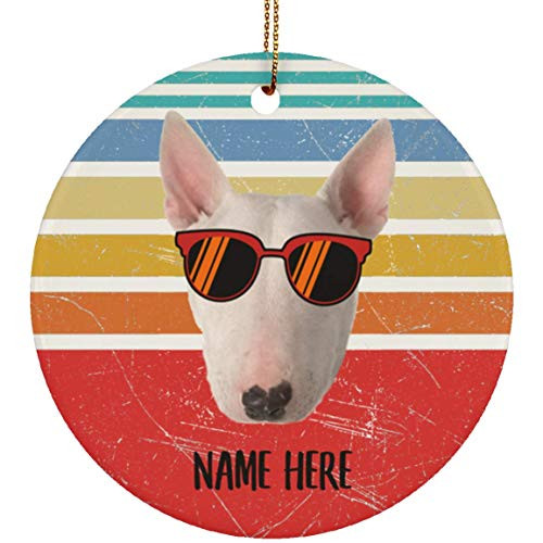 Lovesout Funny Bull Terrier White Glasses Sunset Retro Personalized Name Christmas Tree Ceramic Circle Ornament