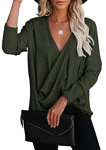 Ermonn Womens Deep V Neck Wrap Waffle Knit Tops Shirts Twist Long Sleeve Sexy Loose Pullover Sweater Army Green