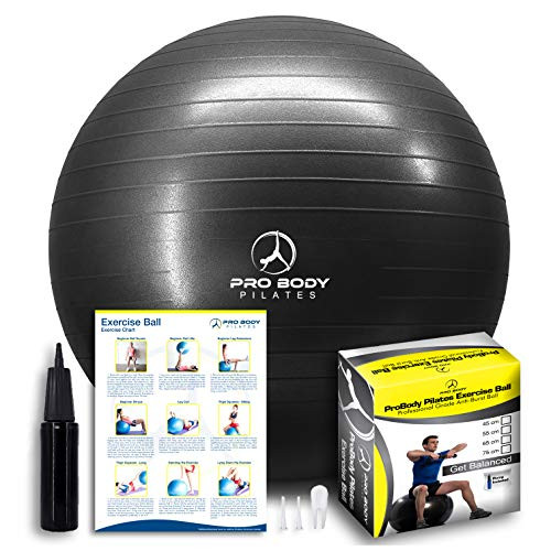 ProBody Pilates Exercise Ball - Professional Grade Anti-Burst Fitness Balance Ball for Yoga Birthing Stability Gym Workout Training and Physical Therapy - Work Out Guide Included -Black 65 cm-