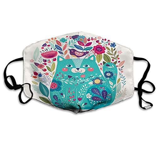 Comfortable Windproof Mask Cat Kitty Surrounded by Birds Flowers Ladybugs Inspirational Folk Baby Theme Green Facial Decorations For Unisex Adult