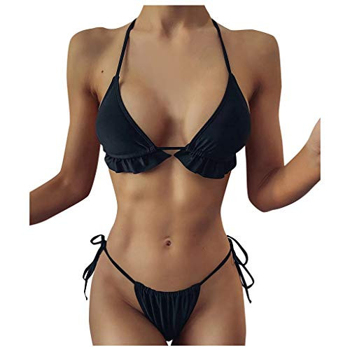 Padaleks Womens Halter Triangle Bikini Tie Side Bottom Two Piece Swimsuit Ruffle Tankini Top Sexy Bathing Suits Black