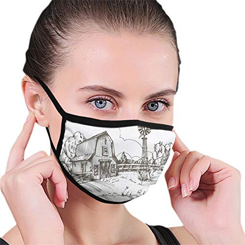 Comfortable Printed Windproof mask Windmill Rustic Barn Farmhouse Hand Drawn Illustration Countryside Rural MeadowTaupe Facial decorations for adult