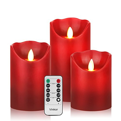 Vinkor Flameless Candles Flickering Flameless Candles Decorative Flameless Candles Classic Real Wax Pillar with Moving LED Flame  and  10-Key Remote Control 2/4/6/8 Hours Timer -Burgundy 4 inch 5 inch 6 inch-