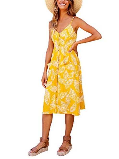 SWQZVT Womens Summer Spaghetti Strap Sundress Floral Casual Midi Sexy Dress Backless Button Up Swing Dresses with Pockets Yellow-1 M