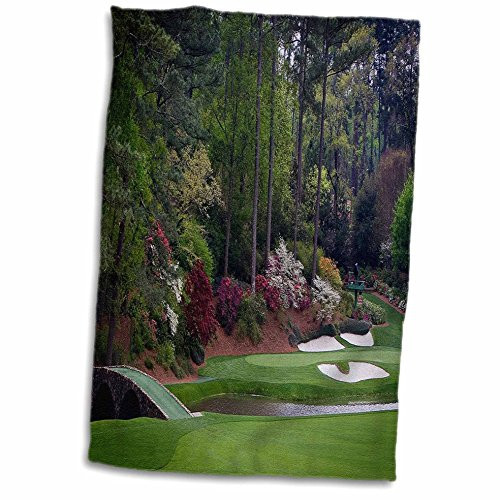 3D Rose Augustas Amen Corner Golf Course-Golfers On Bridge Towel 15 inch x 22 inch