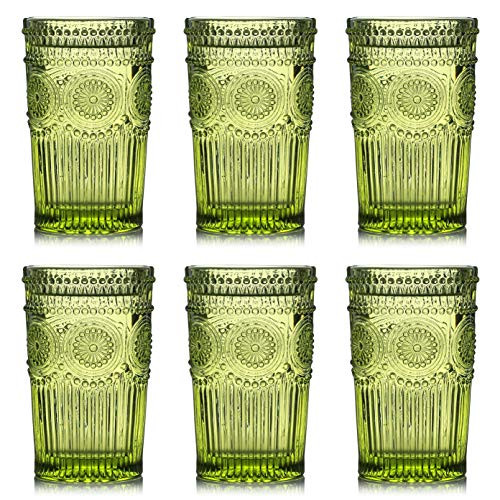 Kingrol 6 Pack Vintage Drinking Glasses 12 oz Embossed Romantic Water Glassware Glass Tumbler Set for Juice Beverages Beer Cocktail -Green-