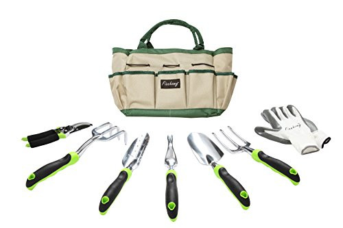 Finnhomy 8 Piece Garden Tool Set with Garden Tote Bag and Work Gloves - Hand Tools with Ergonomic Handles Including Trowel Cultivator Transplanter Fork Weeder Pruning Shears
