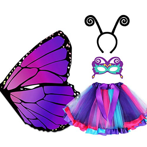 D.Q.Z Kids Fairy Butterfly Wings Costumes for Girls 4Pcs Butterfly Dress Up with Tutu Antenna Mask Cosplay Party -Purple-