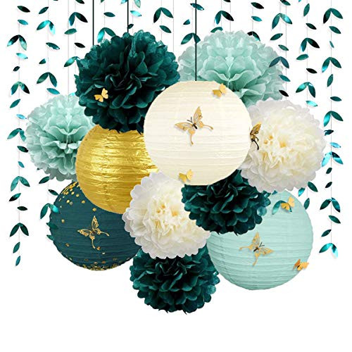 Green and Gold Hanging Tissue Lantern Flowers Pom Pom with 3D Butterflies Leaf Garland Streamer for Spring Summer Botanical Wedding Bridal Baby Shower Birthday Engagement Bachelorette Party Decoration