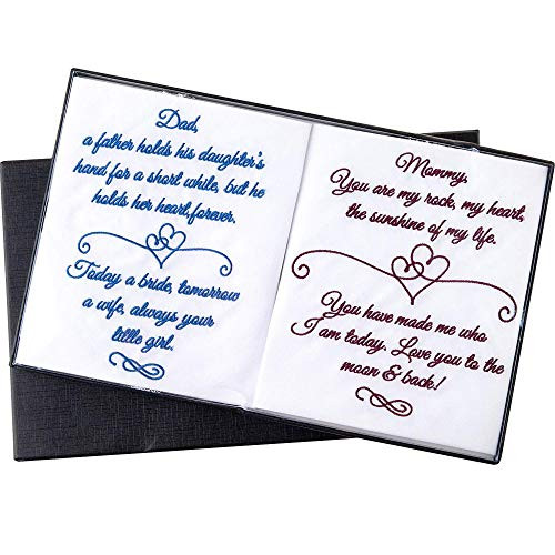 Premium Embroidered Wedding Day Handkerchiefs for Mom and Dad - Mother and Father of the Bride Keepsake Gift - Burgundy Navy Embroidery