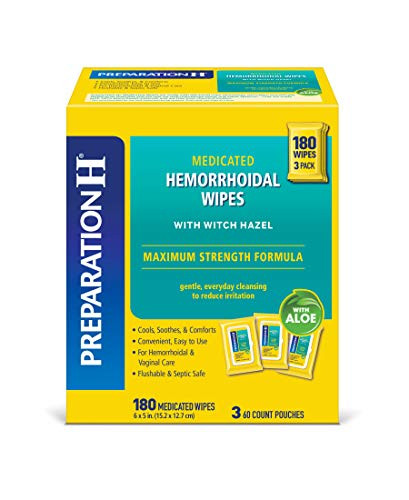 Preparation H Medicated Hemorrhoidal Wipes 180 ct Maximum Strength Relief with Witch Hazel and Aloe for Cleansing Burning Itch and Irritation Relief 3 Packs of 60