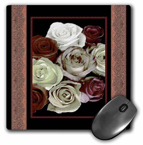 3drose Dreamy Hues of Chocolate Burgundy and Cream Roses with Bark Brown Damask Ribbon Trim - Mouse Pad