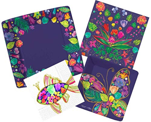 Floral and Butterfly Themed Party Supplies for 8 Guests - Bundle Includes Paper Plates and Napkins in a Royal Purple Flourish Design