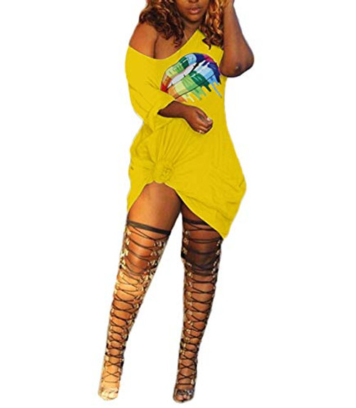 ECHOINE Womens Sexy Short Sleeve T-Shirt Dress Casual Off Shoulder Lip Printed Midi Dresses Clubwear Yellow M